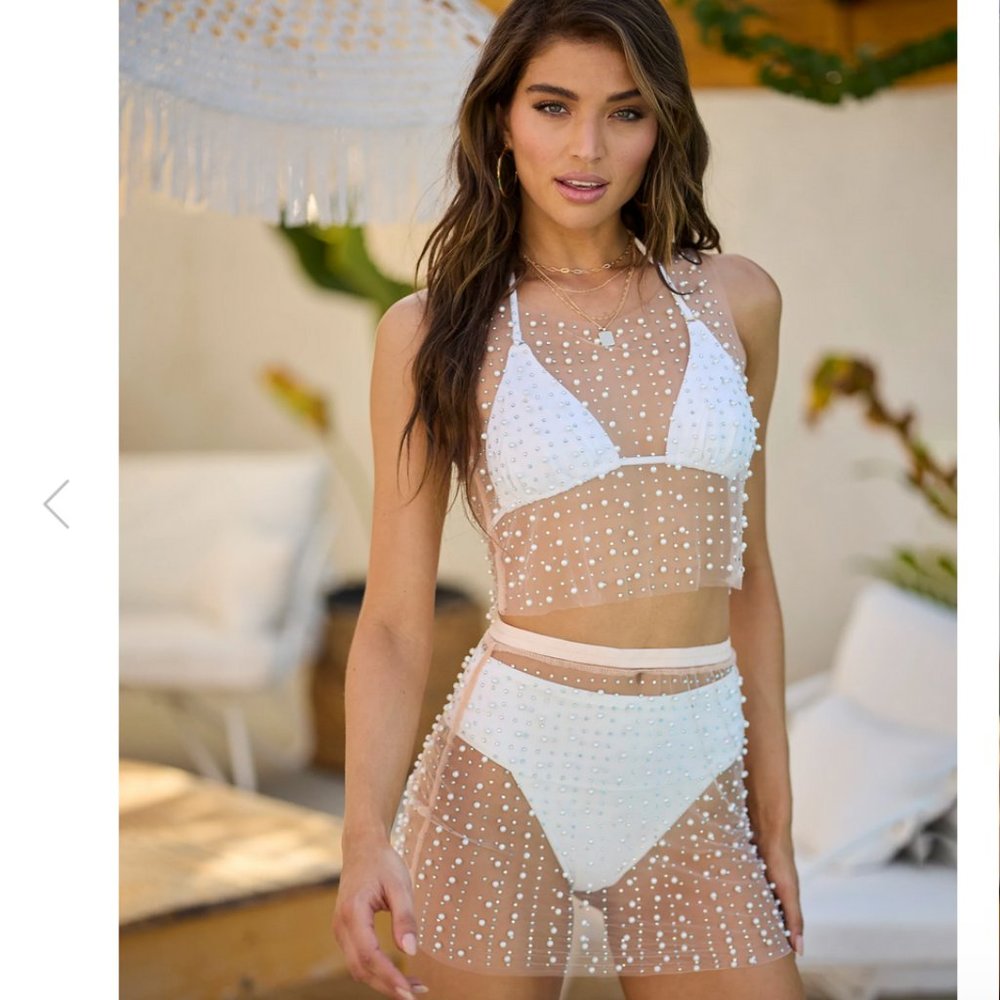 Beach Bunny Glitzy Girl Pearl Mesh Top & Skirt Set